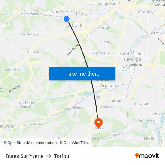 Bures-Sur-Yvette to Torfou map