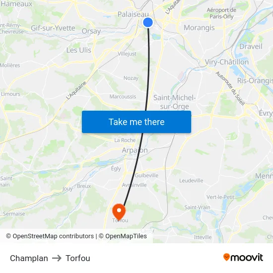 Champlan to Torfou map