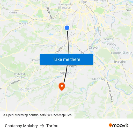 Chatenay-Malabry to Torfou map
