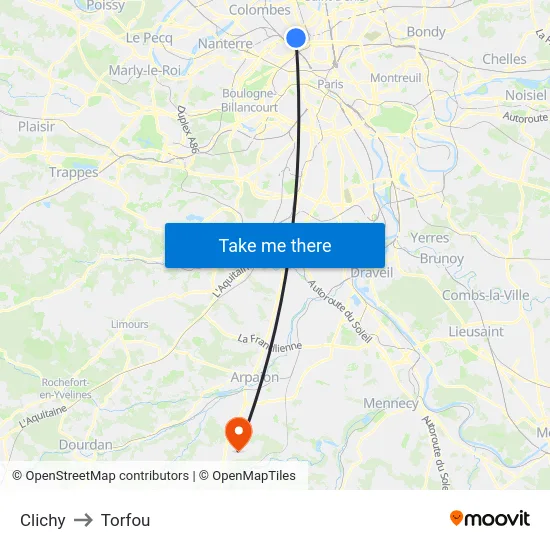 Clichy to Torfou map