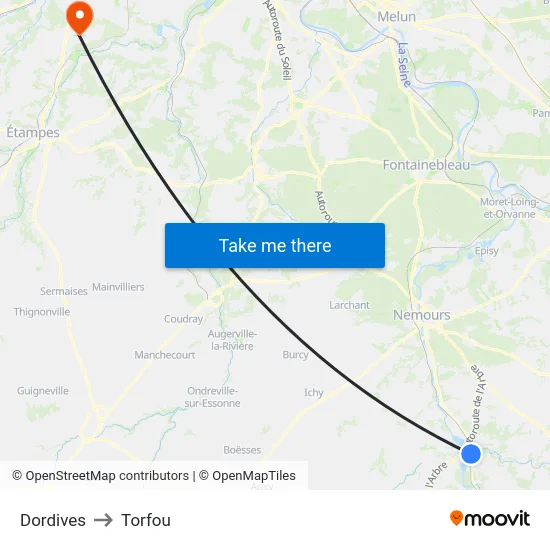 Dordives to Torfou map