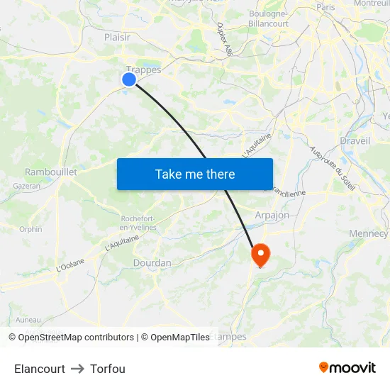 Elancourt to Torfou map