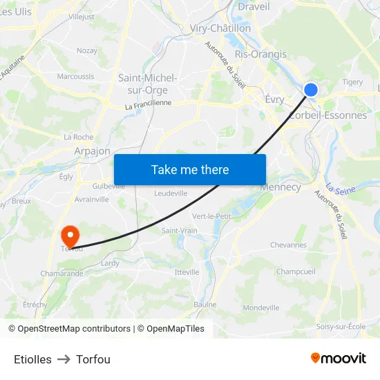 Etiolles to Torfou map