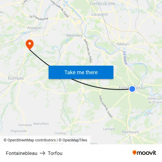 Fontainebleau to Torfou map