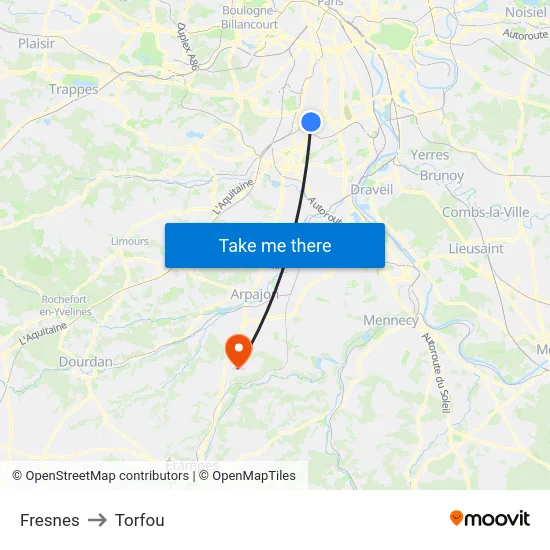Fresnes to Torfou map