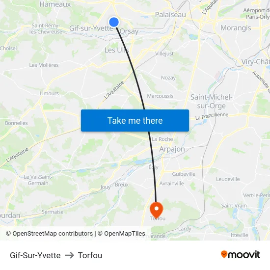 Gif-Sur-Yvette to Torfou map