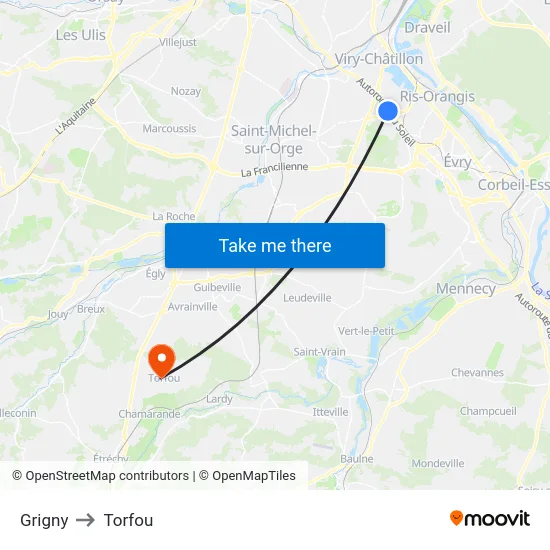 Grigny to Torfou map