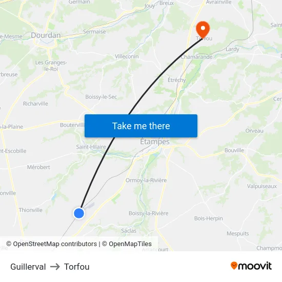 Guillerval to Torfou map
