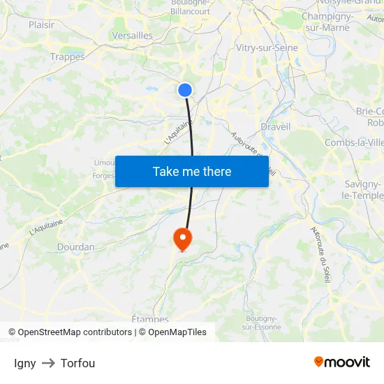 Igny to Torfou map