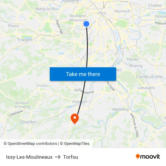 Issy-Les-Moulineaux to Torfou map