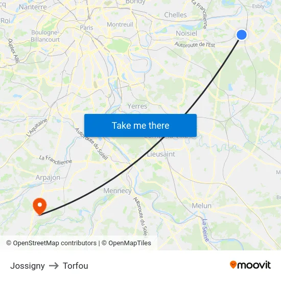 Jossigny to Torfou map