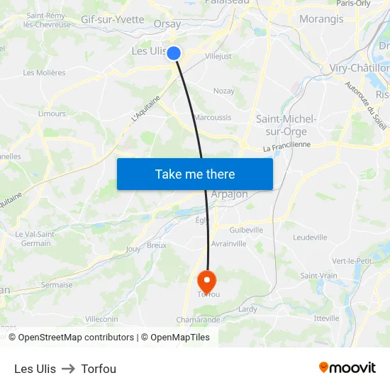 Les Ulis to Torfou map