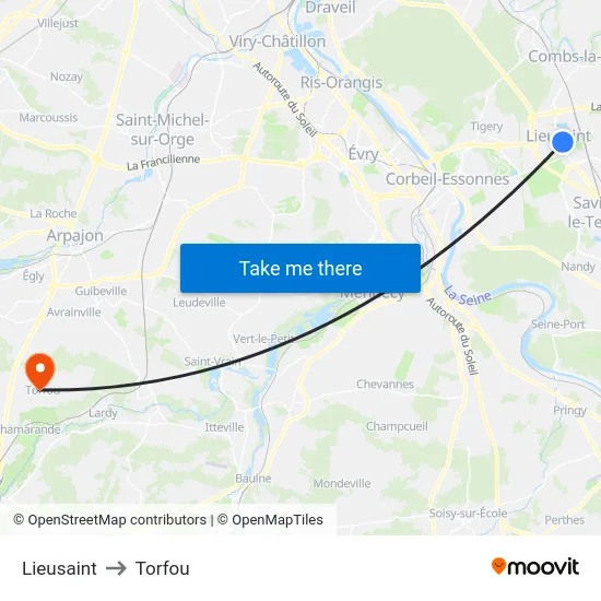 Lieusaint to Torfou map