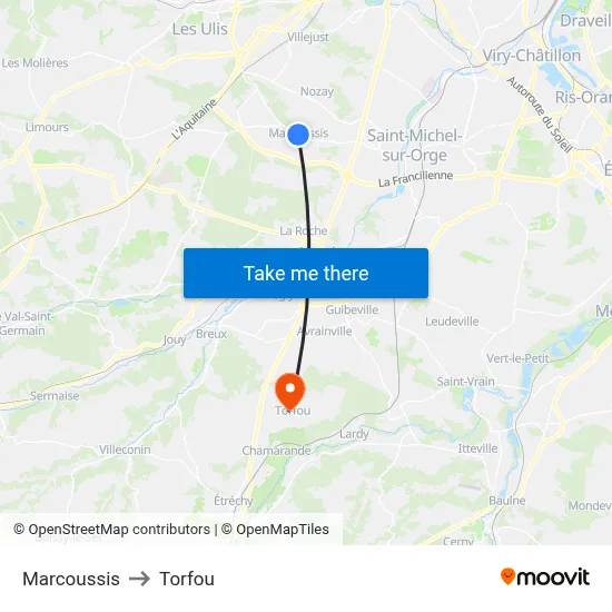 Marcoussis to Torfou map