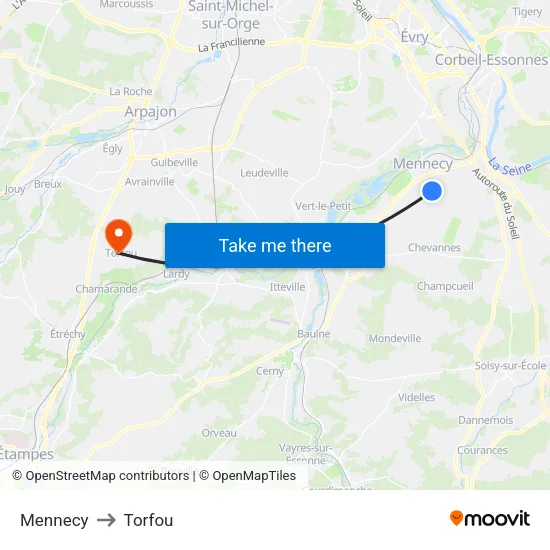 Mennecy to Torfou map