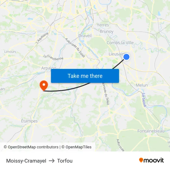 Moissy-Cramayel to Torfou map