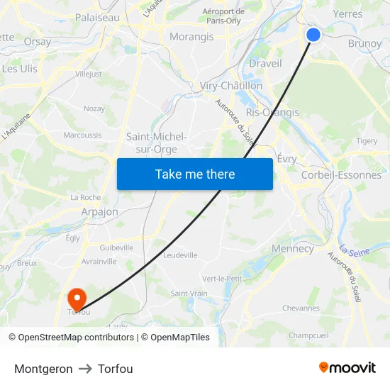 Montgeron to Torfou map
