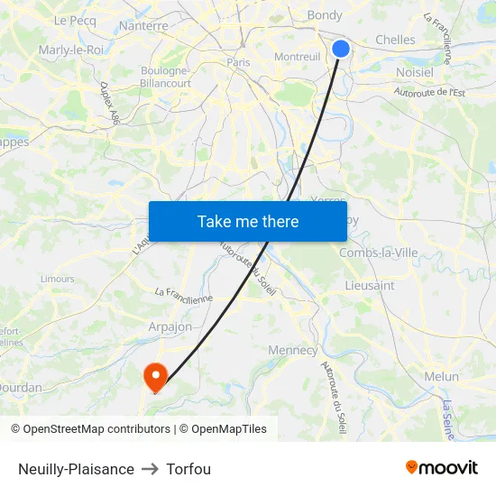 Neuilly-Plaisance to Torfou map