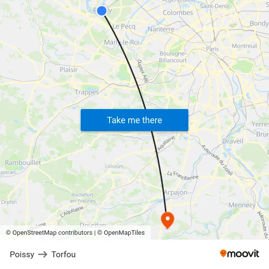 Poissy to Torfou map