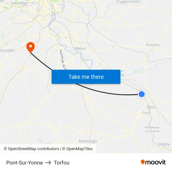 Pont-Sur-Yonne to Torfou map