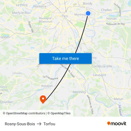 Rosny-Sous-Bois to Torfou map