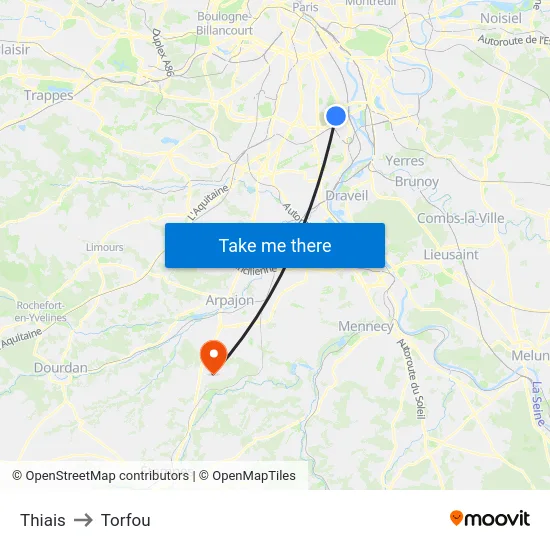 Thiais to Torfou map