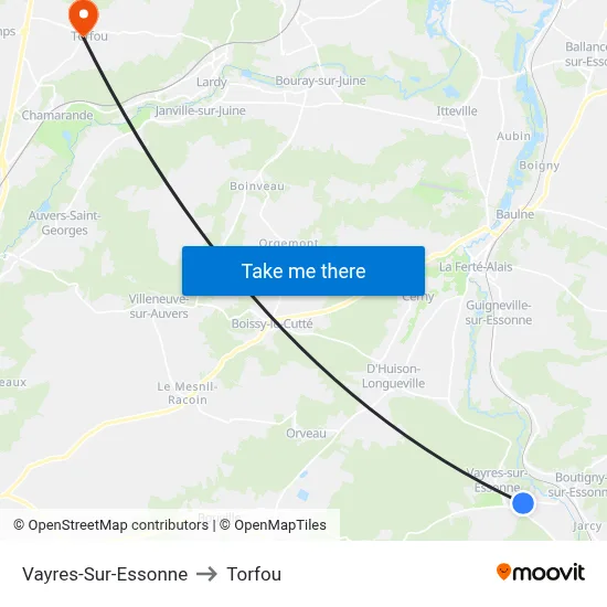 Vayres-Sur-Essonne to Torfou map