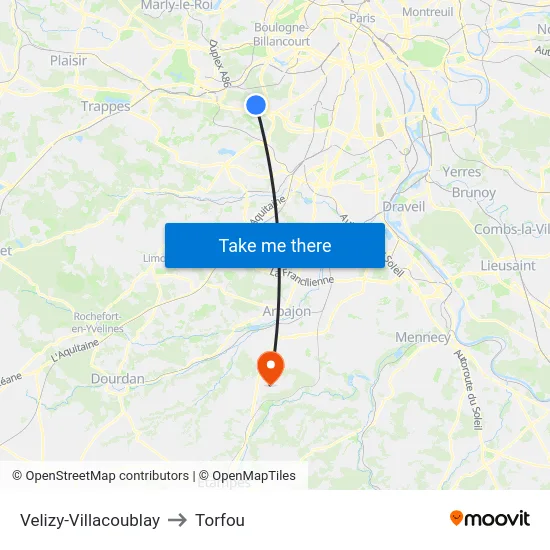 Velizy-Villacoublay to Torfou map