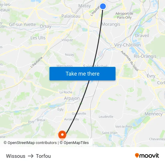 Wissous to Torfou map