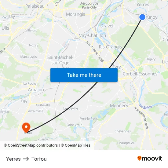 Yerres to Torfou map