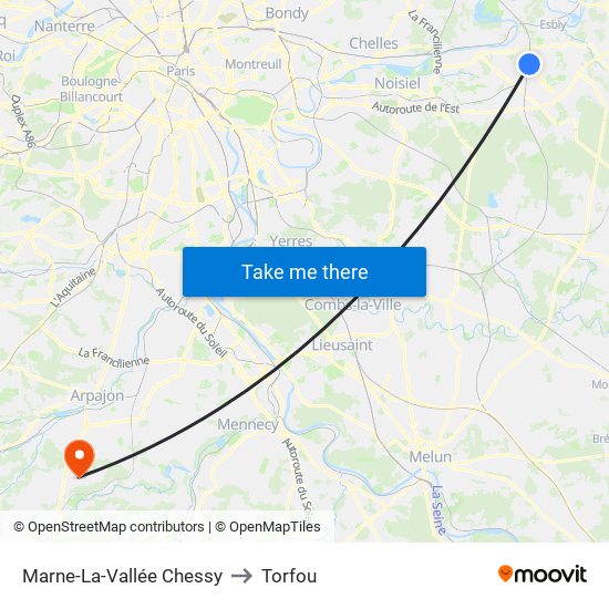 Marne-La-Vallée Chessy to Torfou map