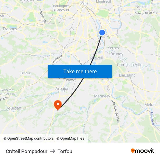 Créteil Pompadour to Torfou map