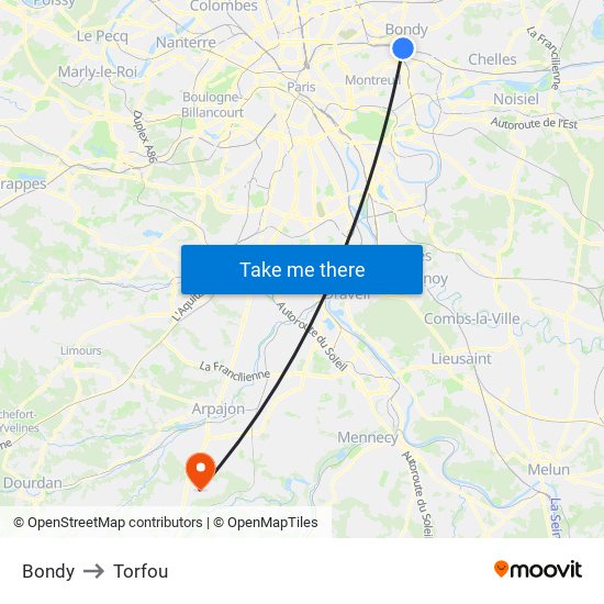 Bondy to Torfou map