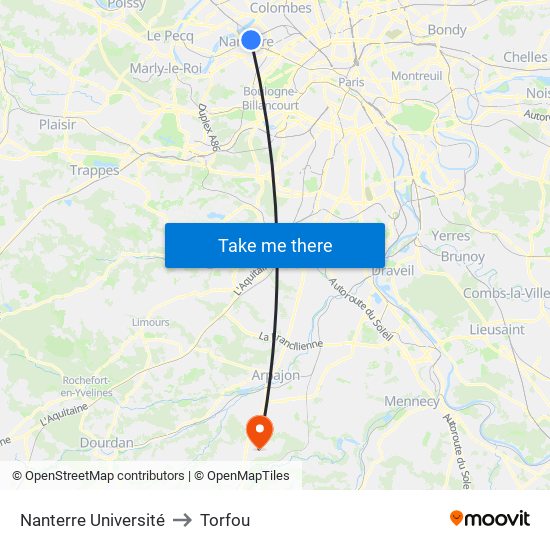 Nanterre Université to Torfou map