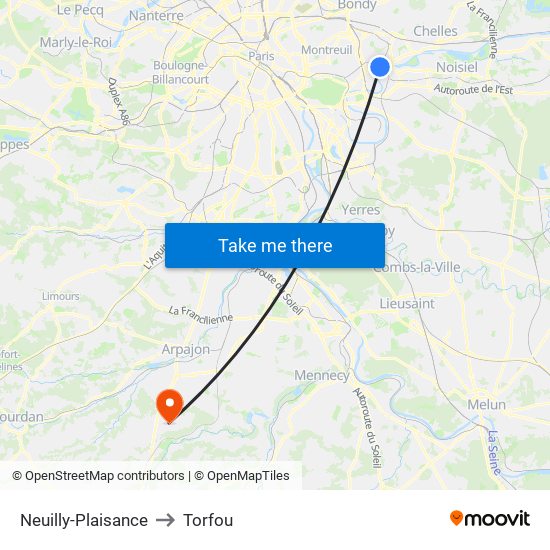 Neuilly-Plaisance to Torfou map