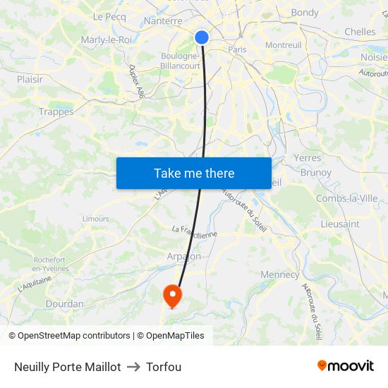 Neuilly Porte Maillot to Torfou map