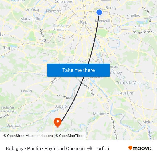 Bobigny - Pantin - Raymond Queneau to Torfou map