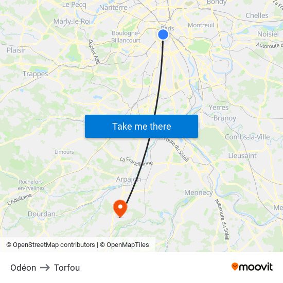 Odéon to Torfou map