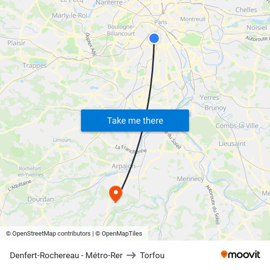 Denfert-Rochereau - Métro-Rer to Torfou map