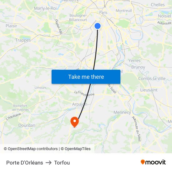 Porte D'Orléans to Torfou map