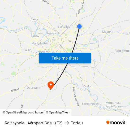 Roissypole - Aéroport Cdg1 (E2) to Torfou map