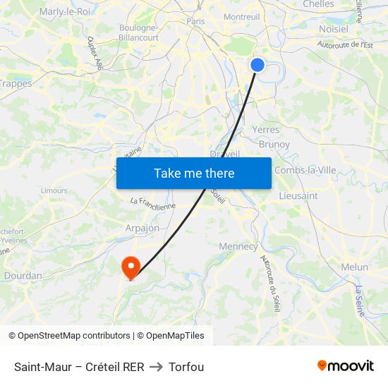 Saint-Maur – Créteil RER to Torfou map