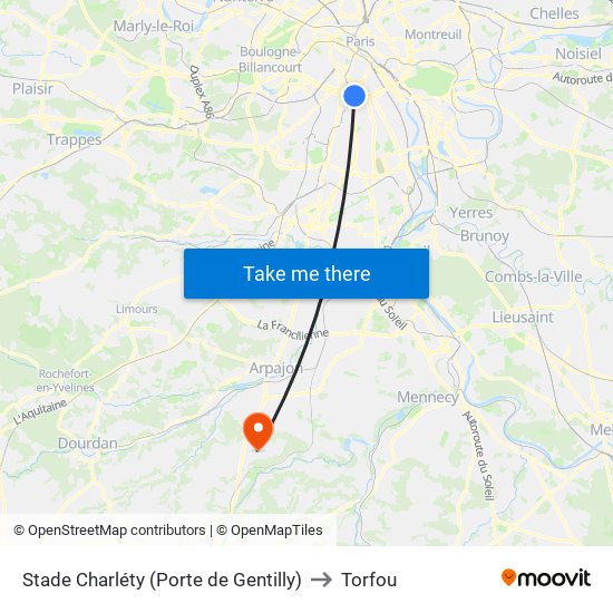 Stade Charléty (Porte de Gentilly) to Torfou map