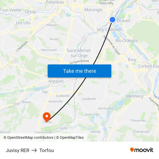 Juvisy RER to Torfou map