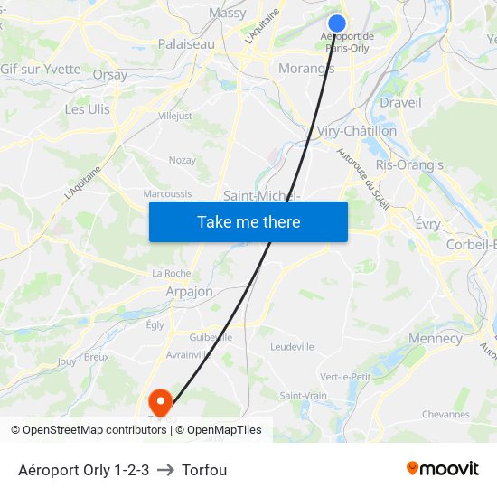 Aéroport Orly 1-2-3 to Torfou map