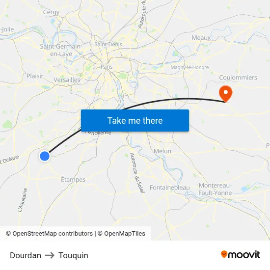 Dourdan to Touquin map