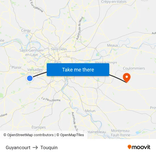 Guyancourt to Touquin map