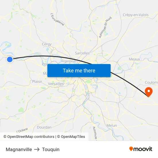 Magnanville to Touquin map