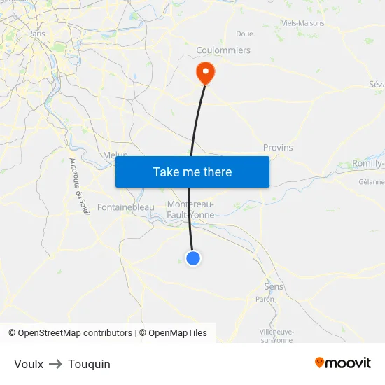 Voulx to Touquin map