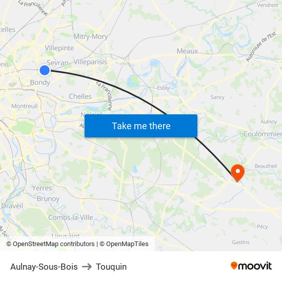 Aulnay-Sous-Bois to Touquin map